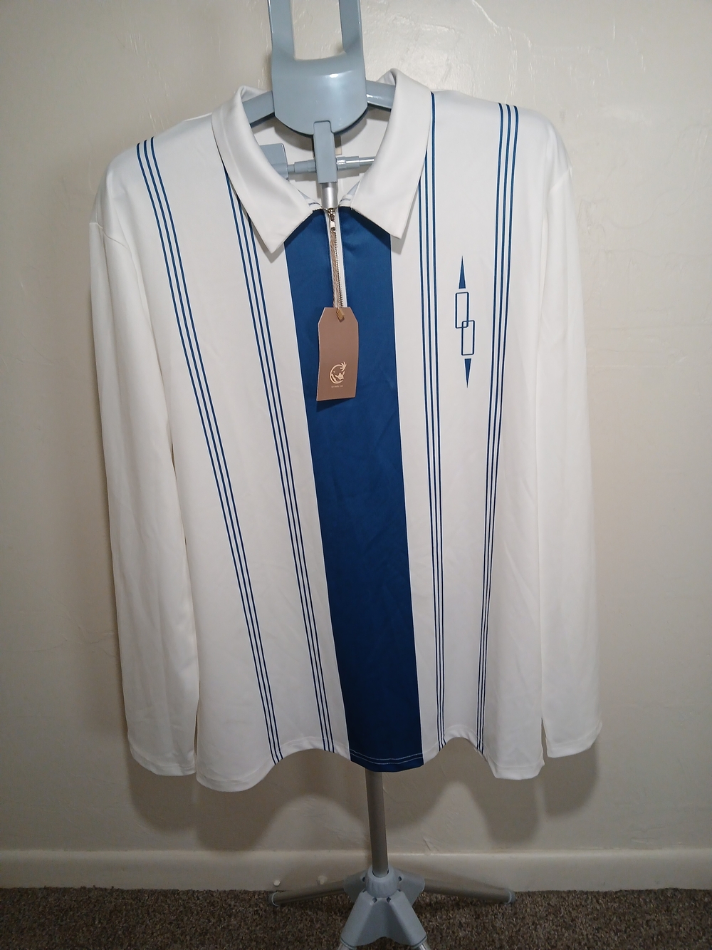 Long-Sleeve White Polo with Blue Center Stripe